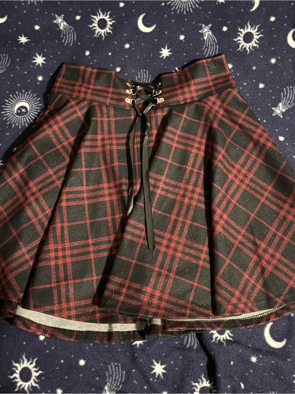 Red and black plaid skirt with lace up detailing